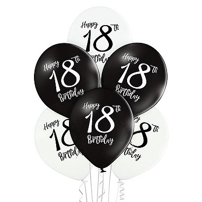 Balony 6szt. Happy Birthday 18 czarno białe | 42-88 Balony 6szt. Happy Birthday 18 czarno białe | 42-88