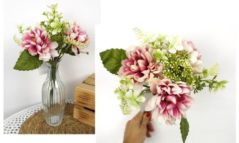 Bukiet DALIA wys.32 cm (3 kwiaty 12 cm) z dodatkami ECRU z różowym środkiem WT-142A Bukiet DALIA wys.32 cm (3 kwiaty 12 cm) z dodatkami ECRU z różowym środkiem WT-142A